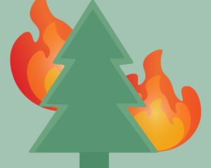 Graphic of green tree with flames surrounding it.