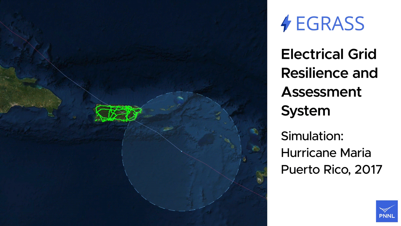 A gif demonstrates the software by moving a line across the path of a possible hurricane. The line is light blue drawn across a dark blue sea and map of an island.