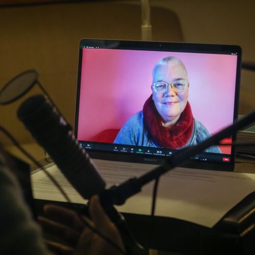 Petra Kuppers is seen through a screen. She is in front of a pink background. Sueann sits at the computer. A microphone is in view.