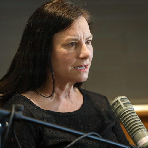 This is a photo of Major General Sarah Zabel. She sits in front of a brick wall and talks into a microphone. She appears contemplative.