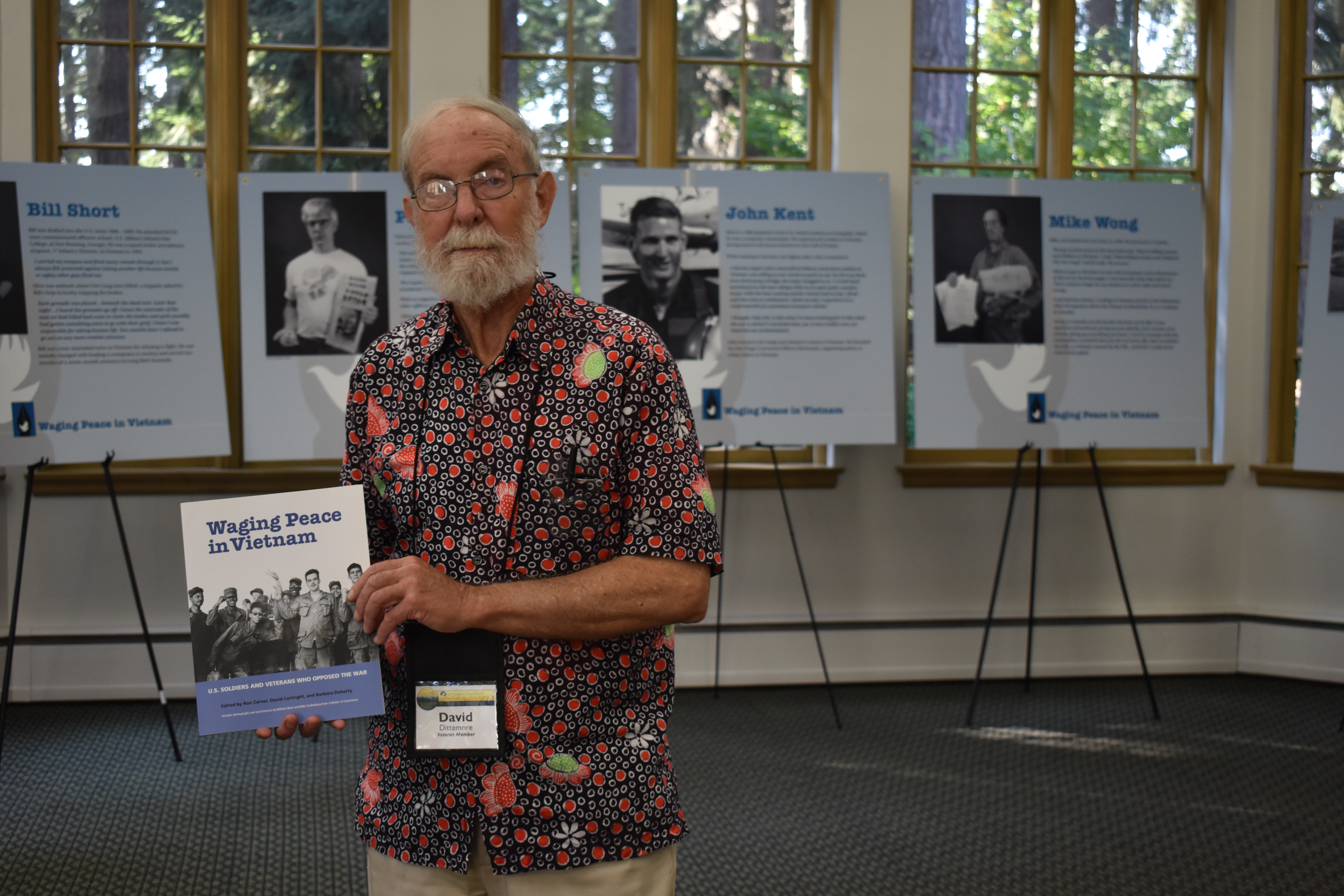 David Dittemore, a veteran of the Vietnam war and member of Veterans for Peace, was at the installation of the exhibit this week. Photo by Lauren Gallup.