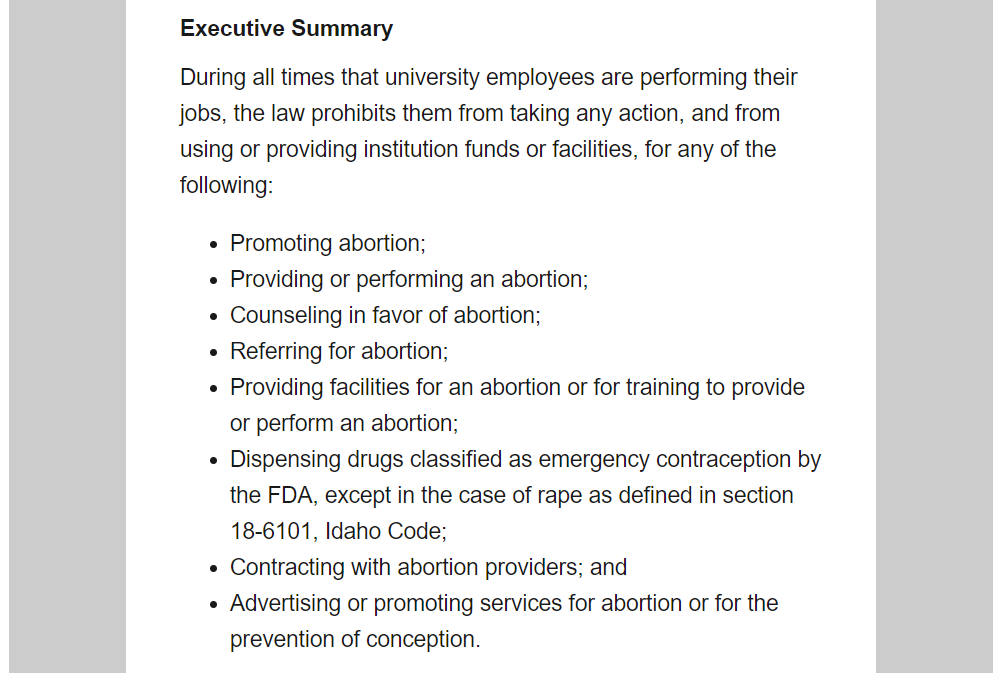 A screenshot shows several bullet points from the University of Idaho memo.