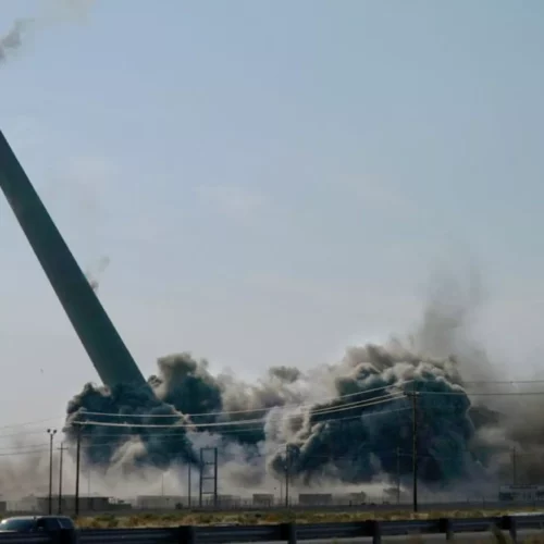 The towering smokestack at Portland General Electric’s shuttered coal-fired power plant near Boardman has fallen, heralding the end of the era of coal-fired power generation in Oregon, Sept. 15, 2022.