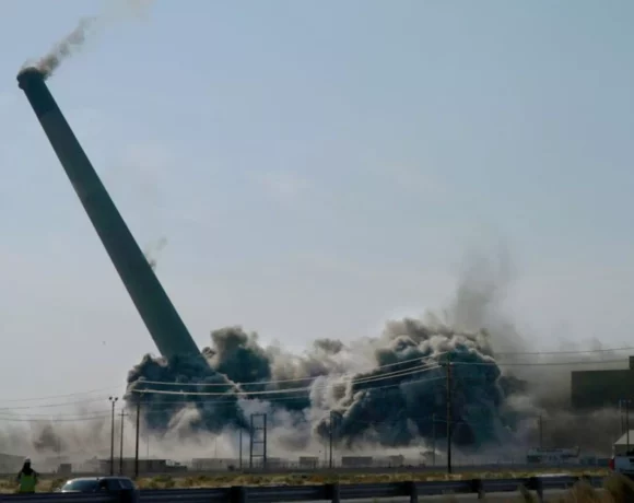 The towering smokestack at Portland General Electric’s shuttered coal-fired power plant near Boardman has fallen, heralding the end of the era of coal-fired power generation in Oregon, Sept. 15, 2022.