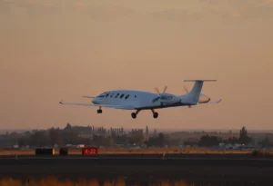 The all-electric Eviation Alice commuter plane took off on its maiden flight at sunrise Tuesday from Grant County International Airport in Moses Lake, Washington