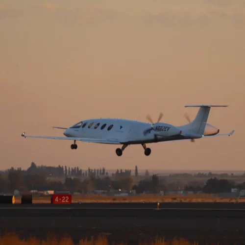 The all-electric Eviation Alice commuter plane took off on its maiden flight at sunrise Tuesday from Grant County International Airport in Moses Lake, Washington