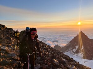 The sun setting as Heaton and fellow climbers make their way on Mount Rainier. Photo courtesy of Heaton.