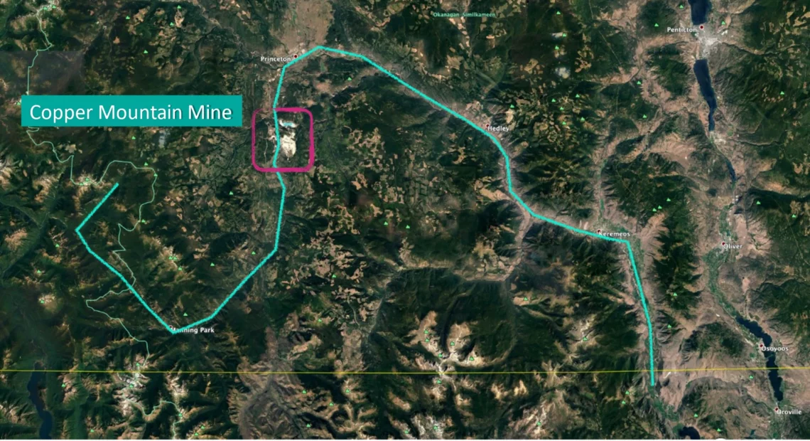 A map of Copper Mountain Mine and the potential path sludge could take if either tailings dam failed.