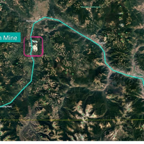 A map of Copper Mountain Mine and the potential path sludge could take if either tailings dam failed.