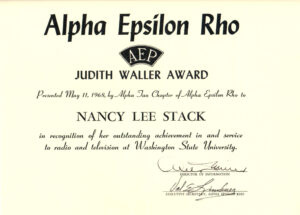 This is an award certificate for the "AEP Judith Waller Award" presented to Nancy lee Stack. It is from the organization Alpha Epsilon Rho.