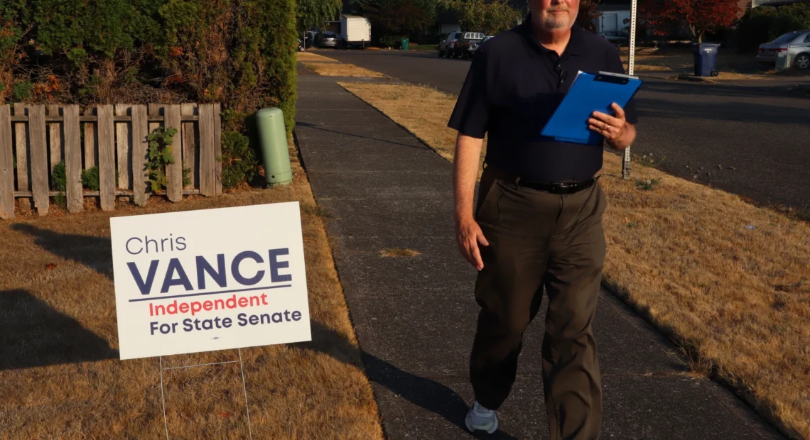 Independent challenger for state Senate Chris Vance said he goes doorbelling up to six days per week, here in Auburn, Washington