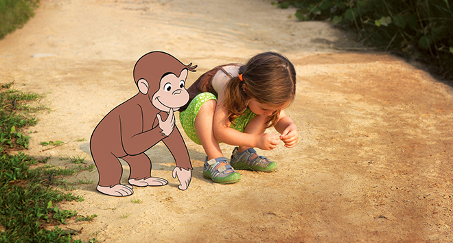Curious George and Girl looking at ground