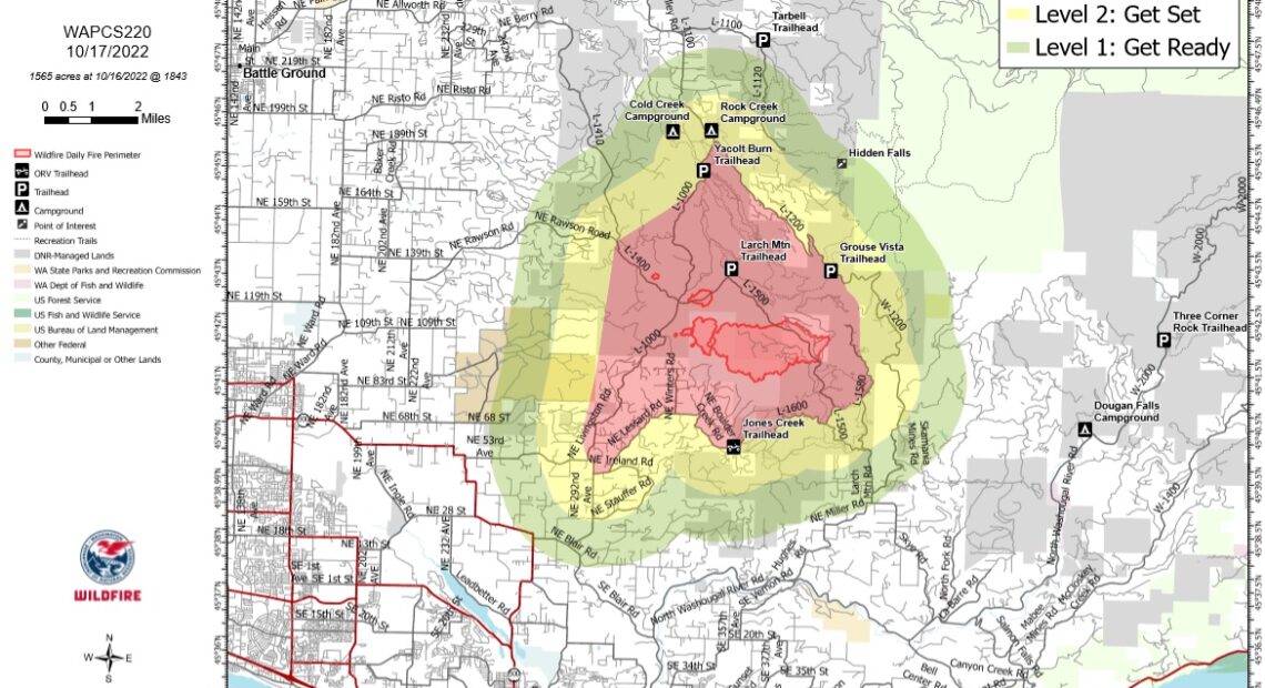 Nakia Creek fire evacuation zones as of October 17, 2022. Image courtesy of the Clark Regional Emergency Services Agency.