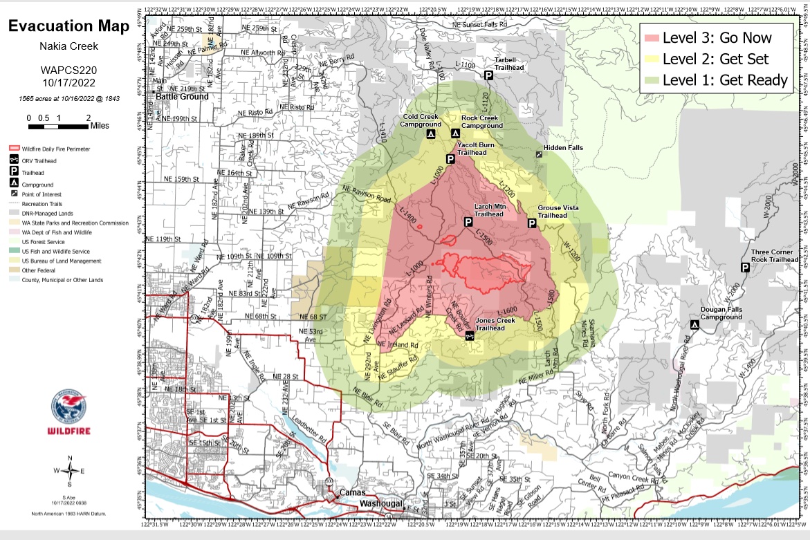 Nakia Creek fire evacuation zones as of October 17, 2022. Image courtesy of the Clark Regional Emergency Services Agency.
