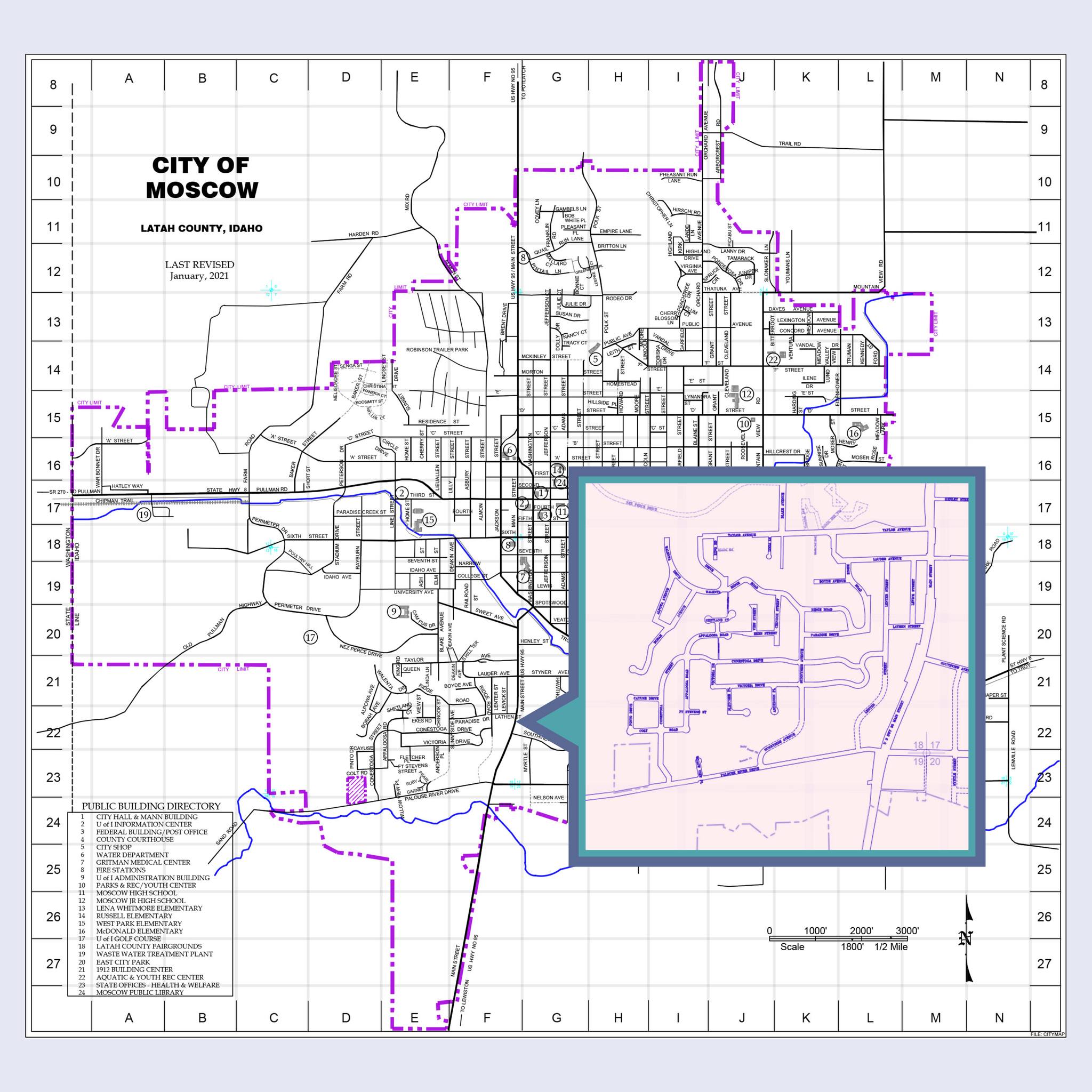 A white and purple map of Moscow shows an area in pink highlighted by square.