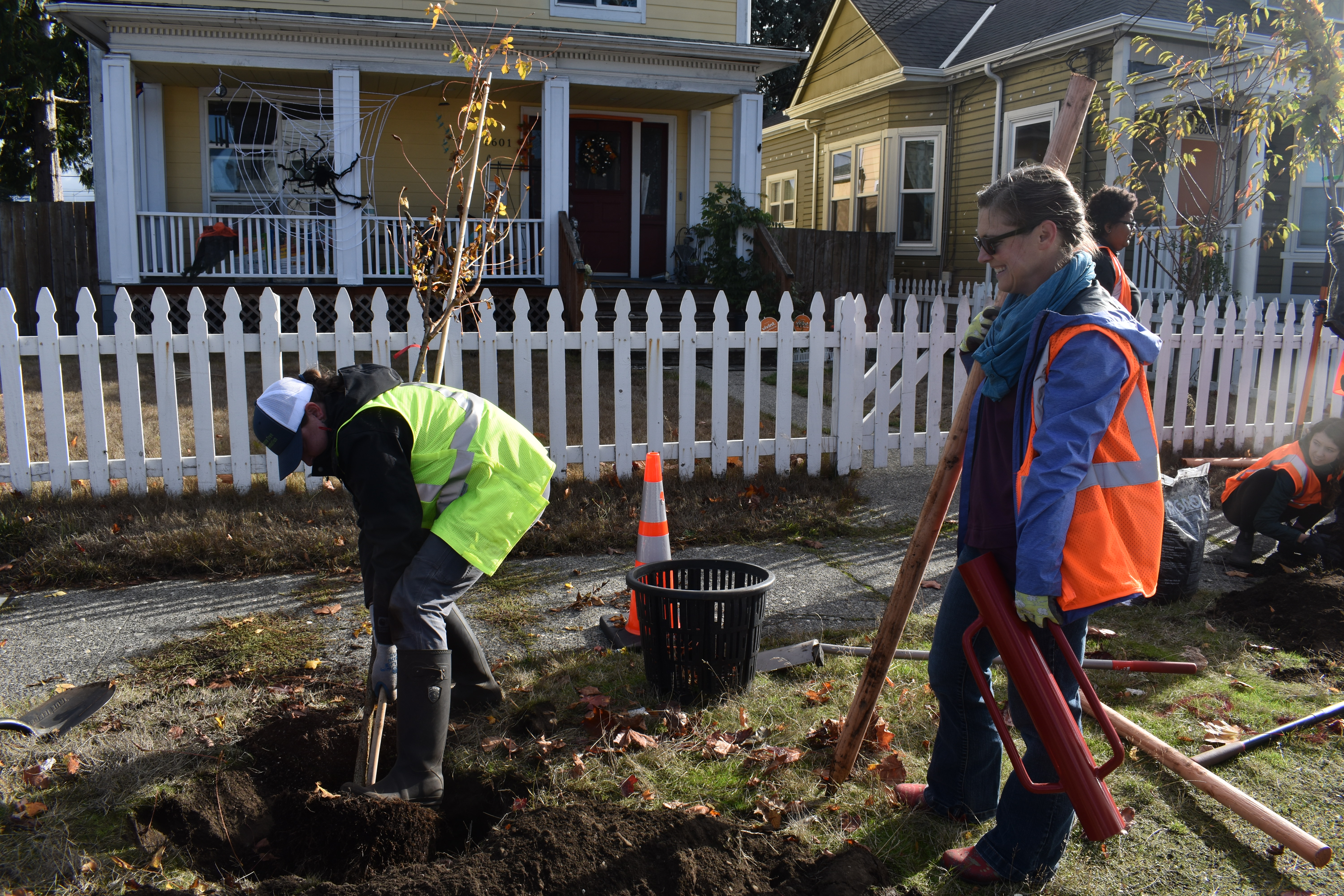Courtney Johnson with the Tacoma Tree Foundation, left, begins to plant a tree in a right-of-way in South Tacoma, with the help of volunteer Lana Hanford, right.