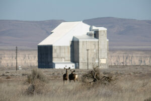 Two deer stand in sagebrush in front of an old grey reactor on the Hanford site. Mountains are visible in the distance.