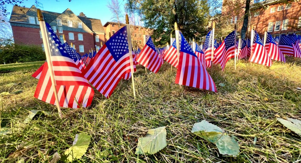 Flags placed near the Veterans Memorial near the WSU campus.