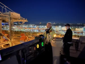 Puget Sound Pilot J. Kalvoy and SM Yantian Captain J. Yun at departure from the Port of Seattle on October 28, 2022