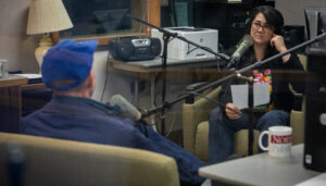 In this photo Rich Old sits across from Sueann Ramella during an interview for Traverse Talks.