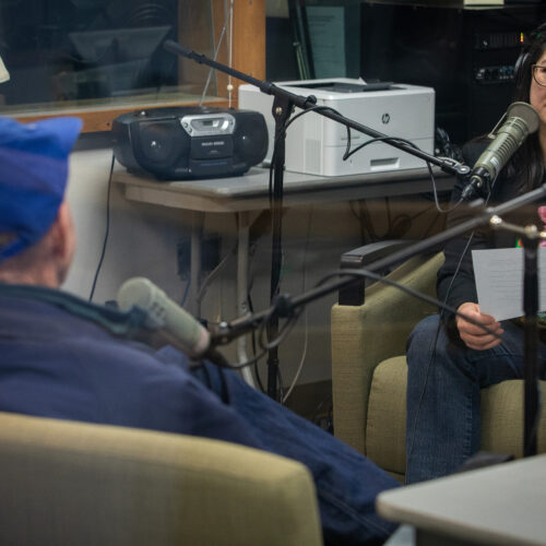 In this photo Rich Old sits across from Sueann Ramella during an interview for Traverse Talks.