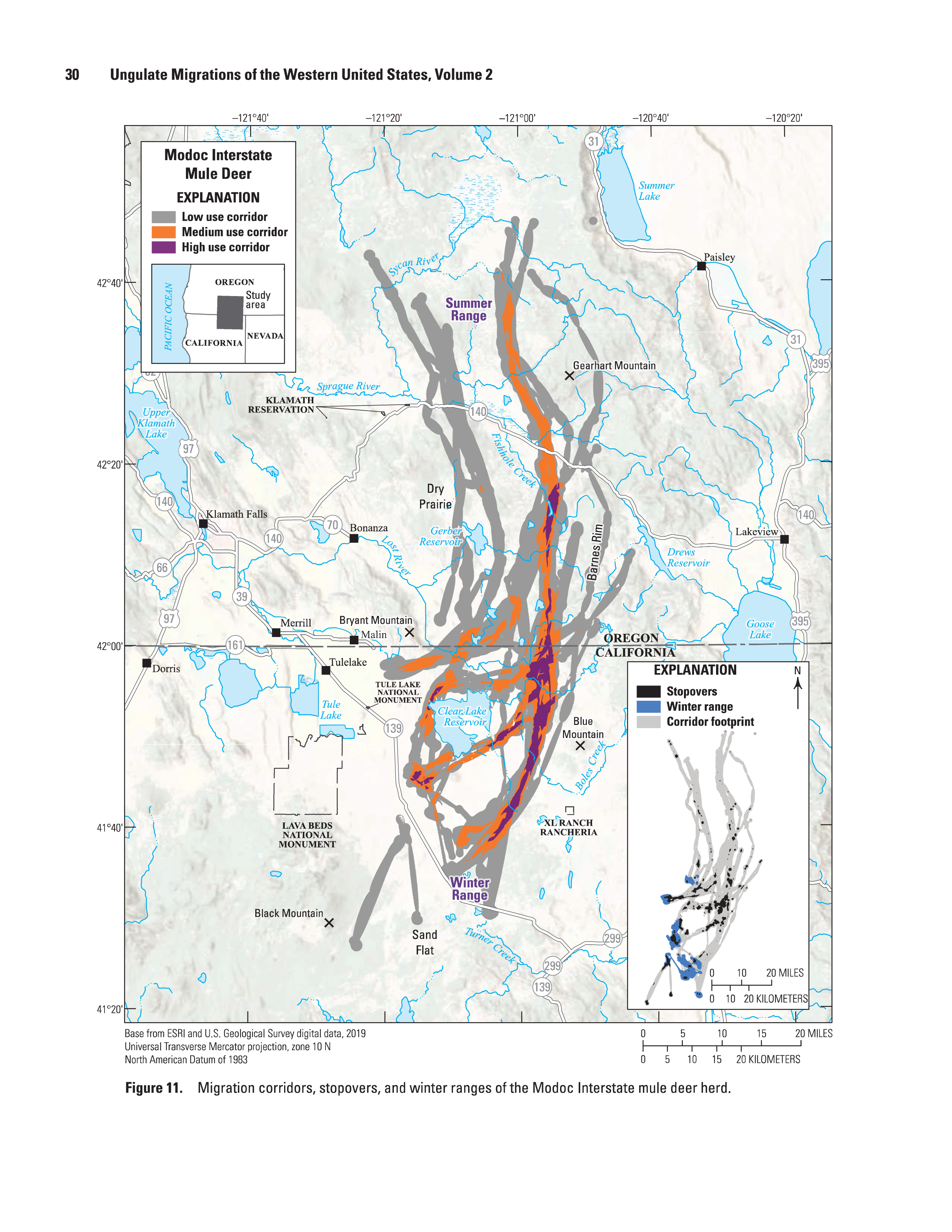 A map from USGS shows the migration path of ungulates in the Western United States via purple, orange, blue and grey lines.