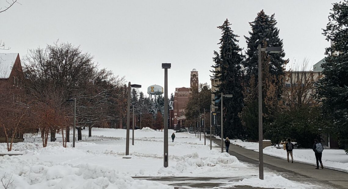 University of Idaho students walk up a sidewalk from the distance between fields of snow. Buildings and dark green trees line the horizon.