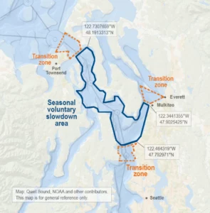 Map of 2022 Admiralty Inlet and North Puget Sound voluntary vessel slowdown area