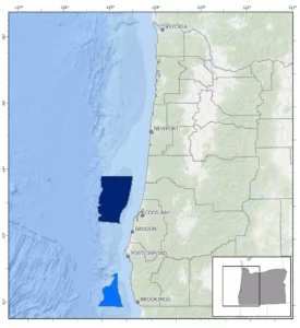 Expanses of ocean near Coos Bay (navy blue) and Brookings (sky blue) are the federal government's top candidates for Oregon offshore wind energy leases.