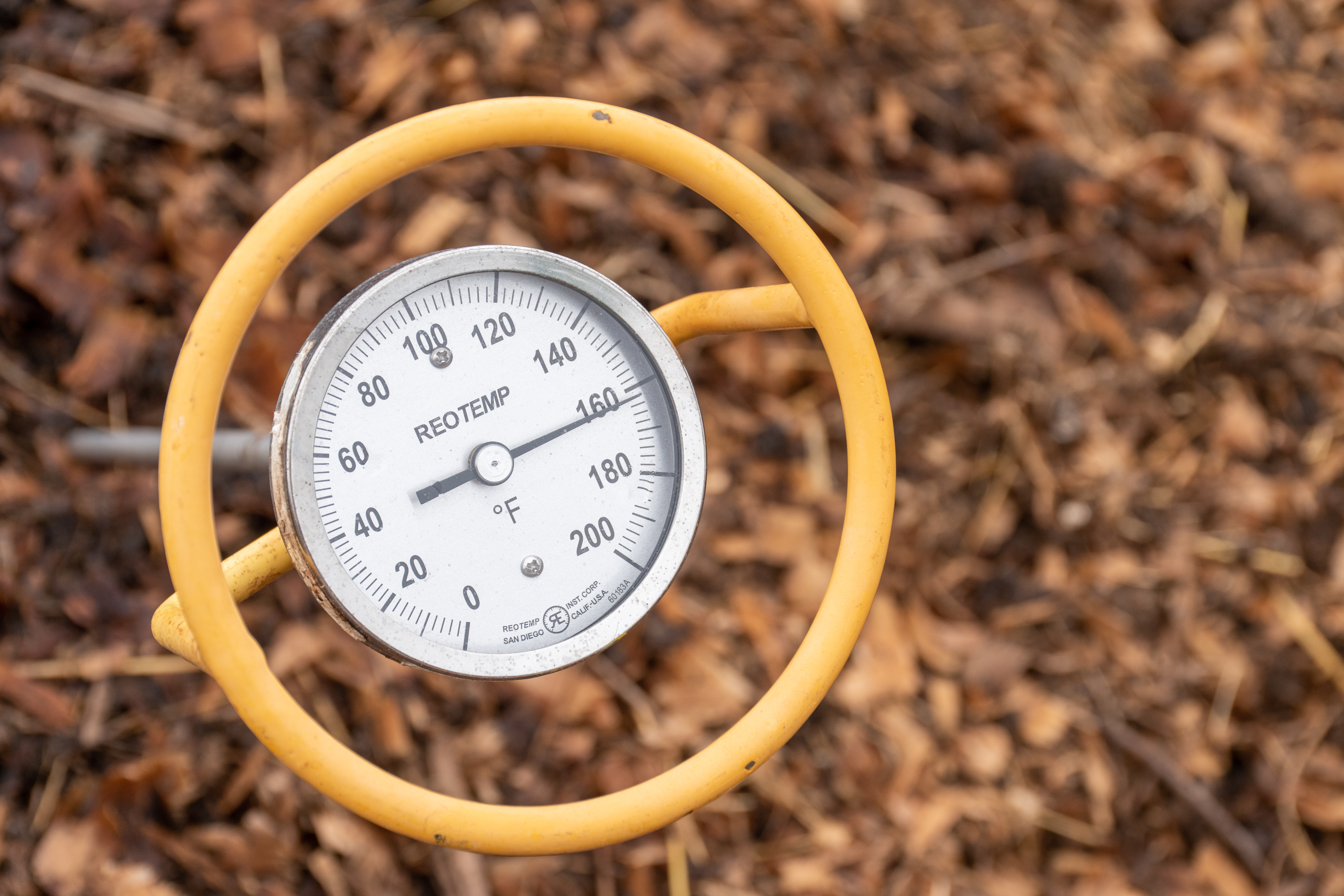 A yellow-framed thermometer monitors compost piles of brown-bark like piles.