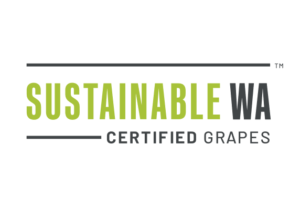 Sustainable is spelled out in light green followed by W-A in dark grey, with 'certified grapes' written underneath in dark grey.