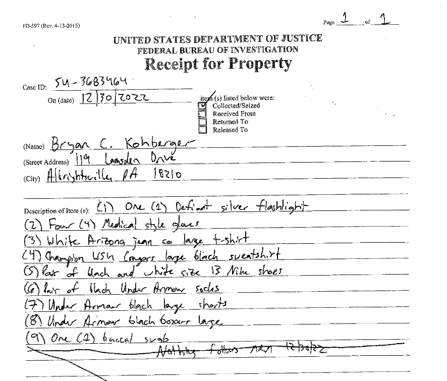 A white paper with 'Federal Bureau of Investigation' at the top reveals scribbled handwriting and a list of items seized from the Kohberger residence in Pennsylvania.