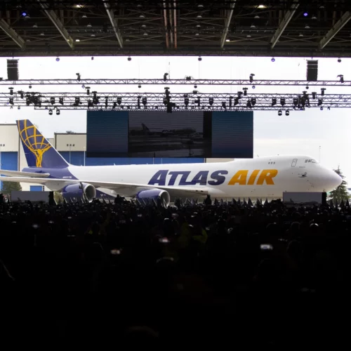The factory doors opened to display the last 747 to thousands of guests who had gathered for the celebration on Tuesday, January 31, 2023, at Boeing’s factory in Everett.