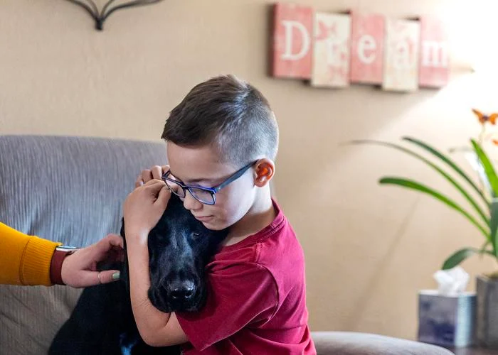 A young boy, wearing blue-rimmed rectangular glasses, cradles the head of his black lab dog. The boy wears a red t-shirt. His mother's arm can be seen patting the dog, wearing a yellow sweater. They sit on a grey couch against a backdrop of a tan wall with an out-of-focus wall hanging and a plant and tissue box visible.