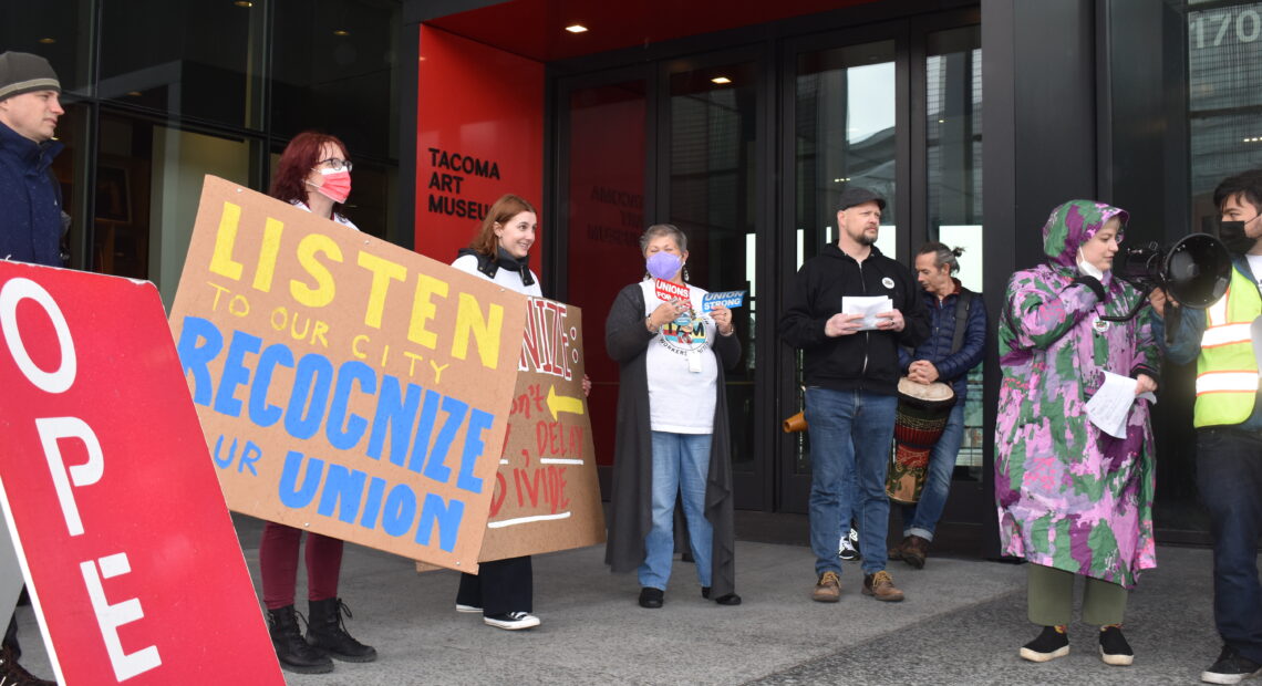 Tacoma Art Museum employees spoke to supporter Thursday evening, calling for the museum's board to recognize their union. Photo by Lauren Gallup.