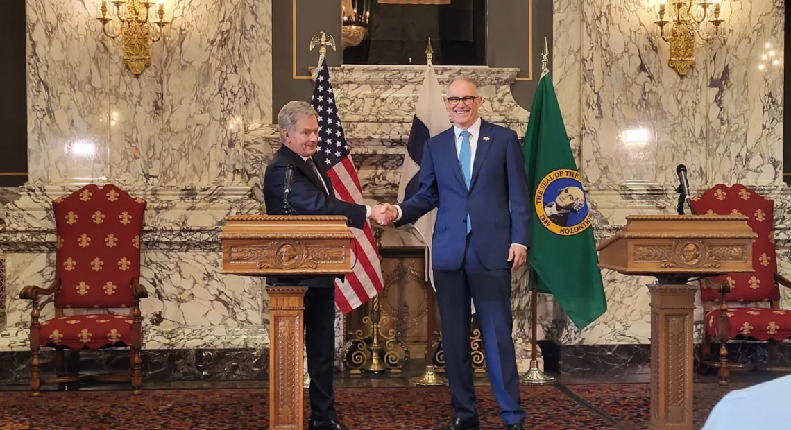 Finland's president, Sauli Niinistö, met with Washington Gov. Jay Inslee on the first day of a weeklong visit to the United States Monday