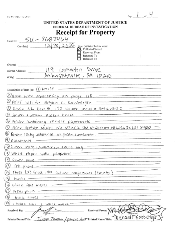 A white document shows a list of items in scribbled black handwriting.