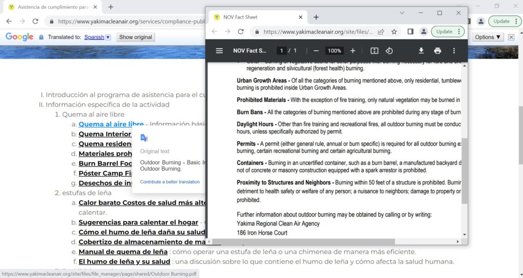 Two pop-up windows show a Spanish-speaker's view of the YRCAA website when automatically translated into Spanish, while the main page shows Spanish translation, the internal documents, which are pdfs, are only available in English when opened.