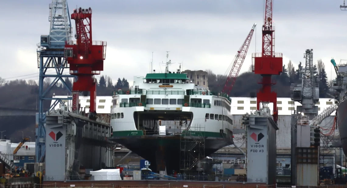 The aging state ferry Spokane was in drydock at its birthplace, the Vigor shipyard, as 2023 began. Whether future Washington ferries will also be built in Seattle is increasingly uncertain