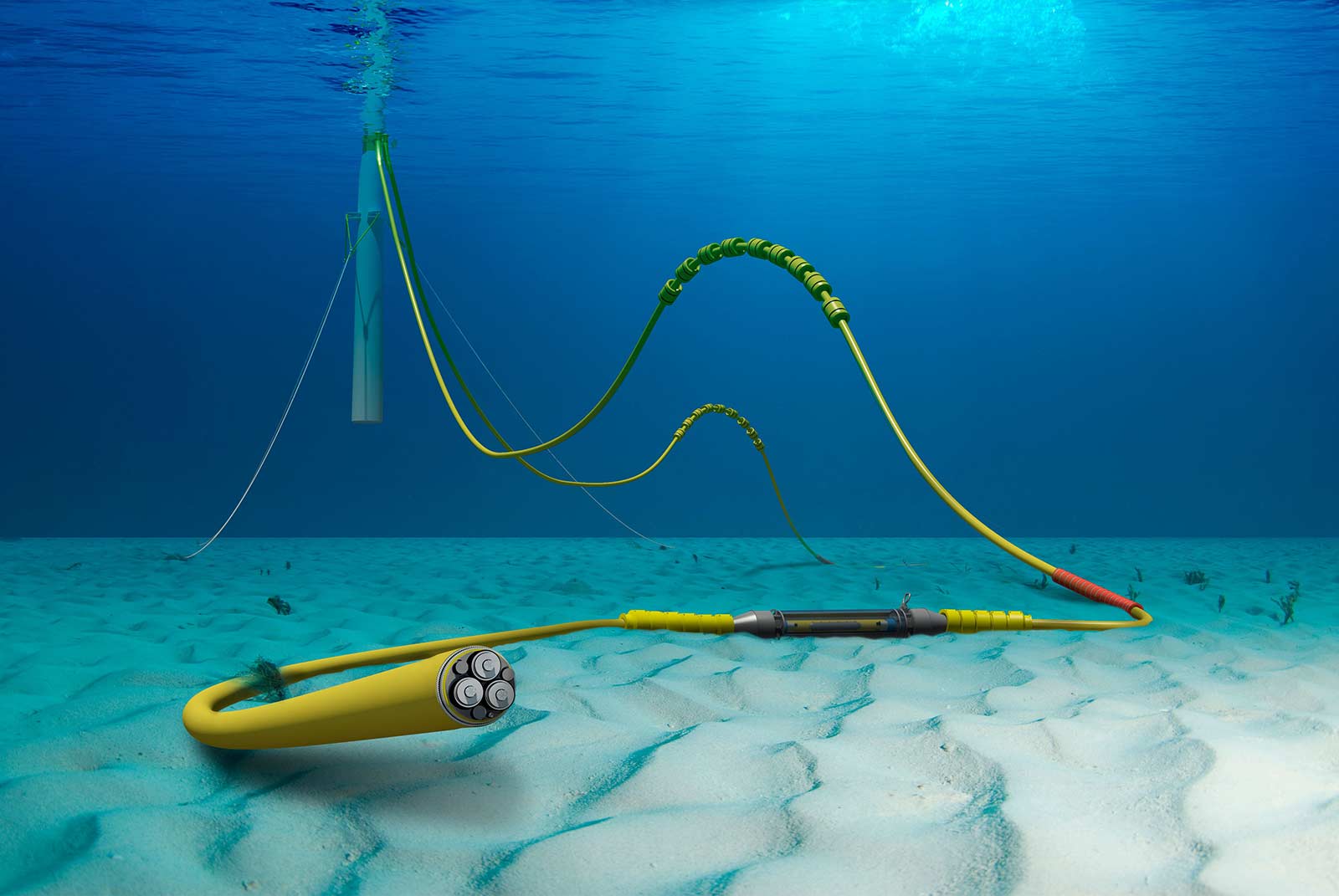 An illustration of a yellow cable sitting on a light tan ocean floor. The water is dark blue. In the background, the cable is connected to a light gray floating rod that appears to come from the ocean surface.