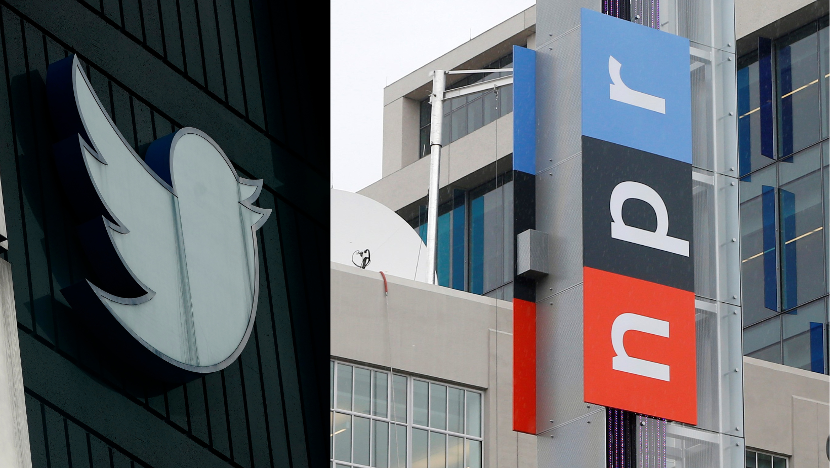 Logos of Twitter and NPR on their respective buildings.