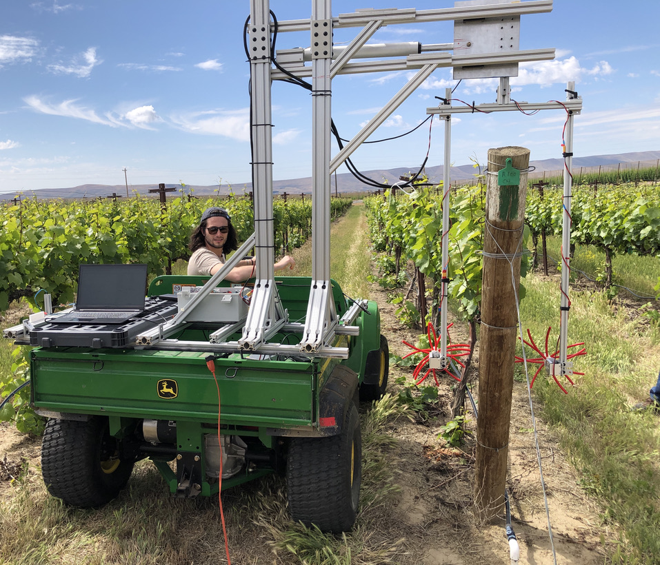 A man with black sunglasses sits aboard a green machine with large mechanical steel arms in a green vineyard.