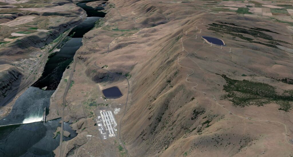 An artist's rendering. A blue pool is on top of brown hills. At the bottom of the hill, there is another blue pool and a white parking lot. There is a river running vertically through the left of the picture. In the bottom corner, there is a white dam going across the blue river.