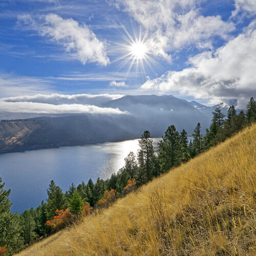 The sun shines above a bright blue lake next to a golden field of grasslands surrounded by evergreen trees.