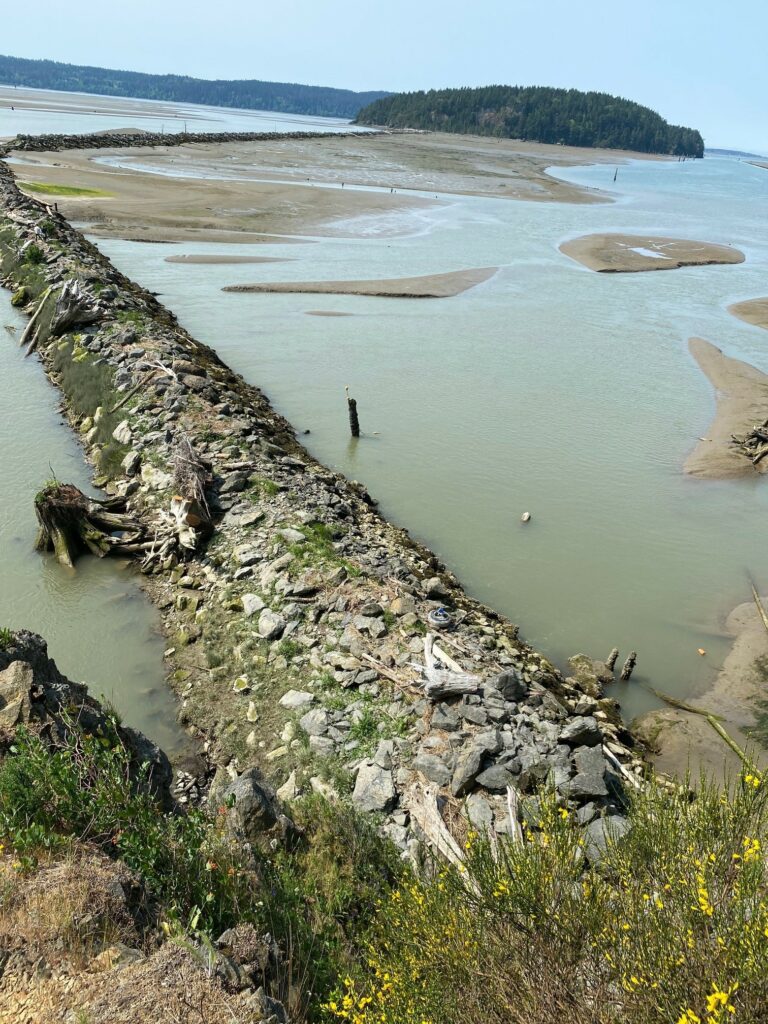 Increased and changing water flow and a lack of maintenance on the McGlinn Island Jetty, have created holes in the structure. // Credit: Heather Spore, Swinomish Tribal