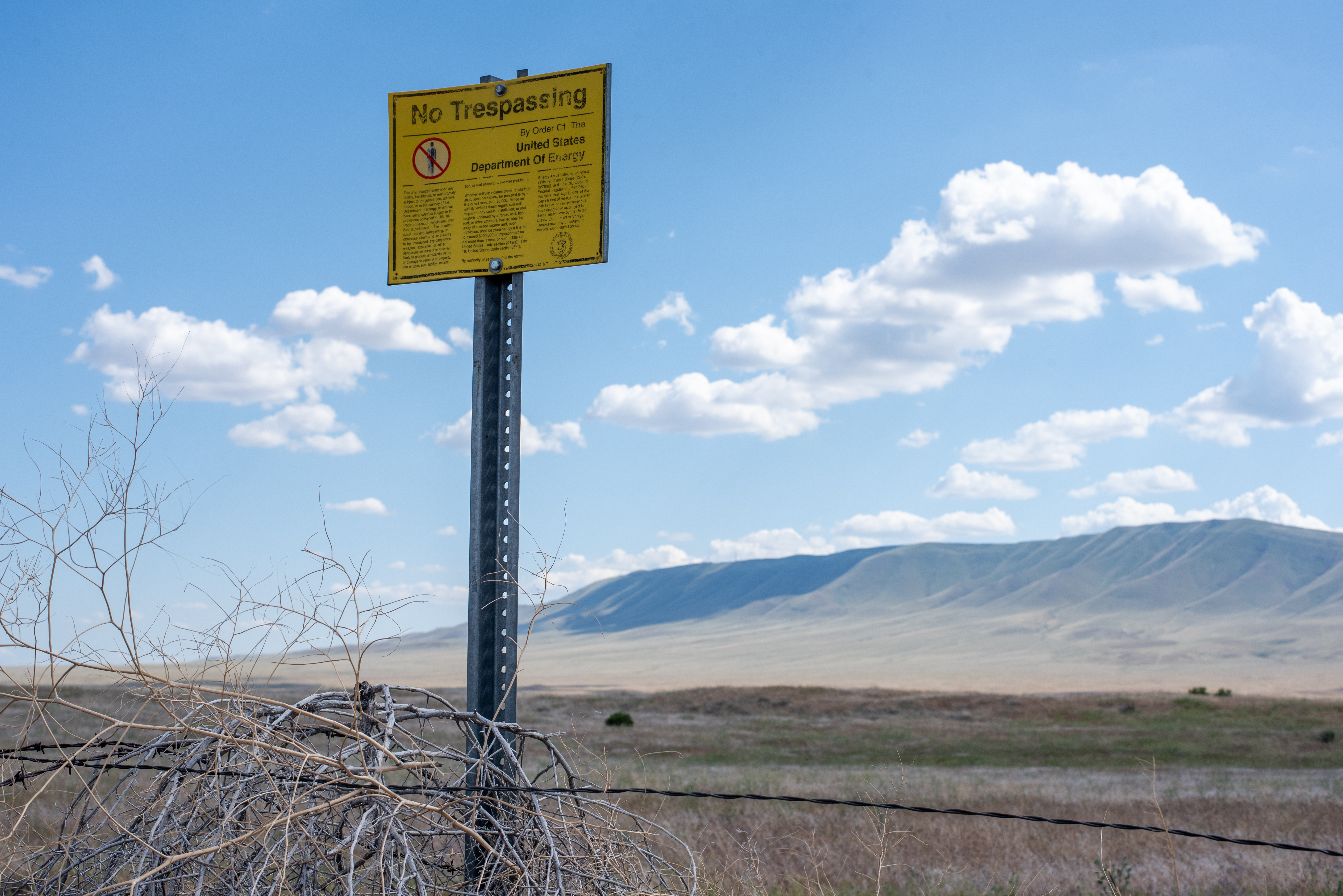 A no trespassing sign guards Rattlesnake Mountain, referred to as Laliik by the Yakama Nation. Recently, about 70 highschool and college students from the nation toured the Hanford radioactive cleanup site, which is part of their homeland or tiicham 