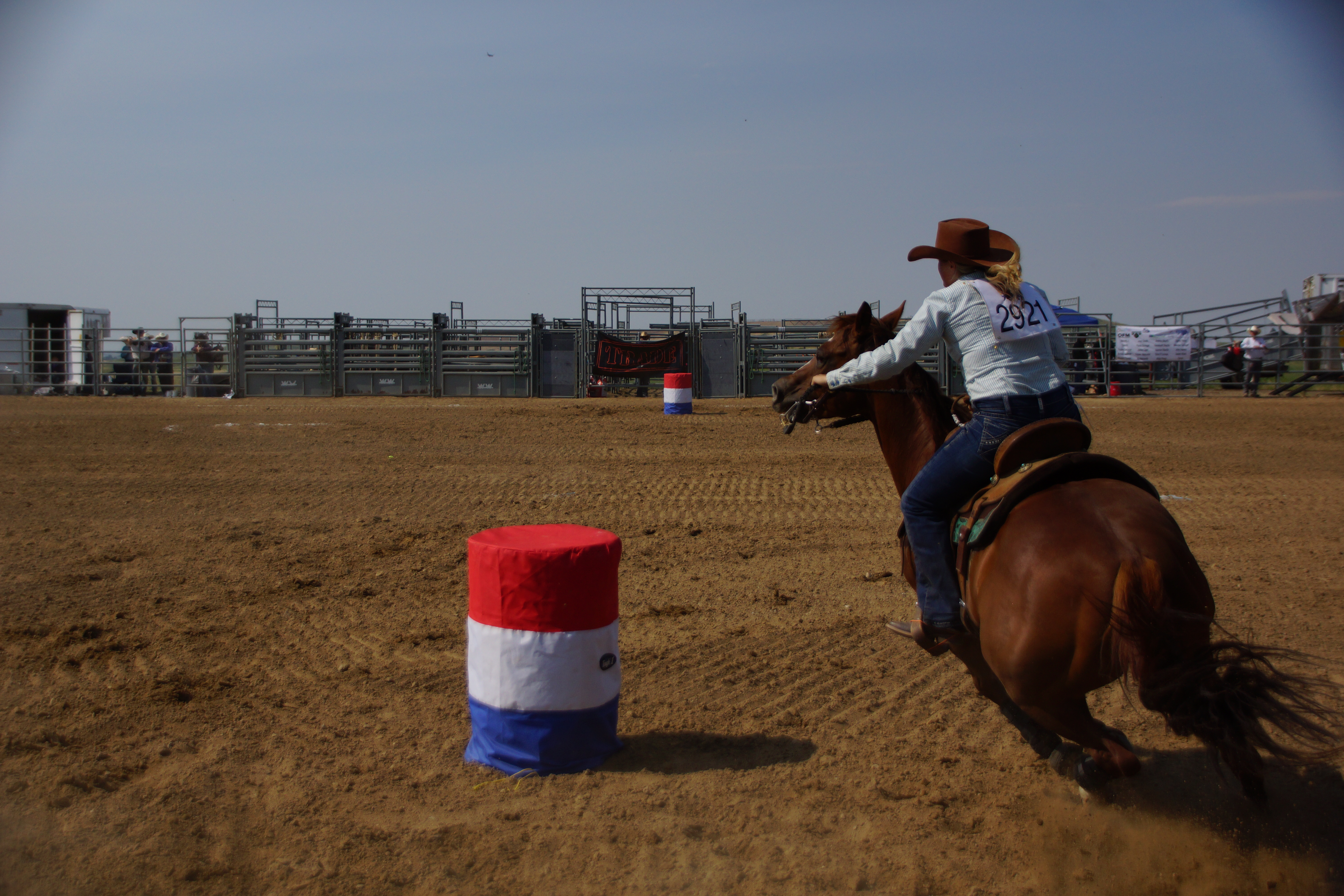 A woman with a blue shirt and a cowboy hat barrel races atop a brown horse at the Denver Gay Rodeo 2021.