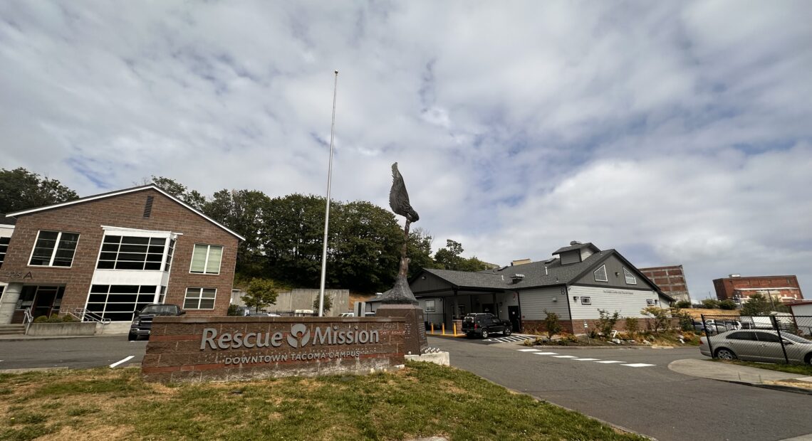 The downtown campus of the Tacoma Rescue Mission, who's men's and women's shelters are set to be at capacity July 1 due to budget cuts. // Lauren Gallup NWPB