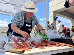 A man in a blue plaid shirt, black apron and white fedora holds a green bottle of olive oil above six pink filets of salmon. The filets are sitting on a white plastic table. A crowd of people stands behind him looking at a blue river.