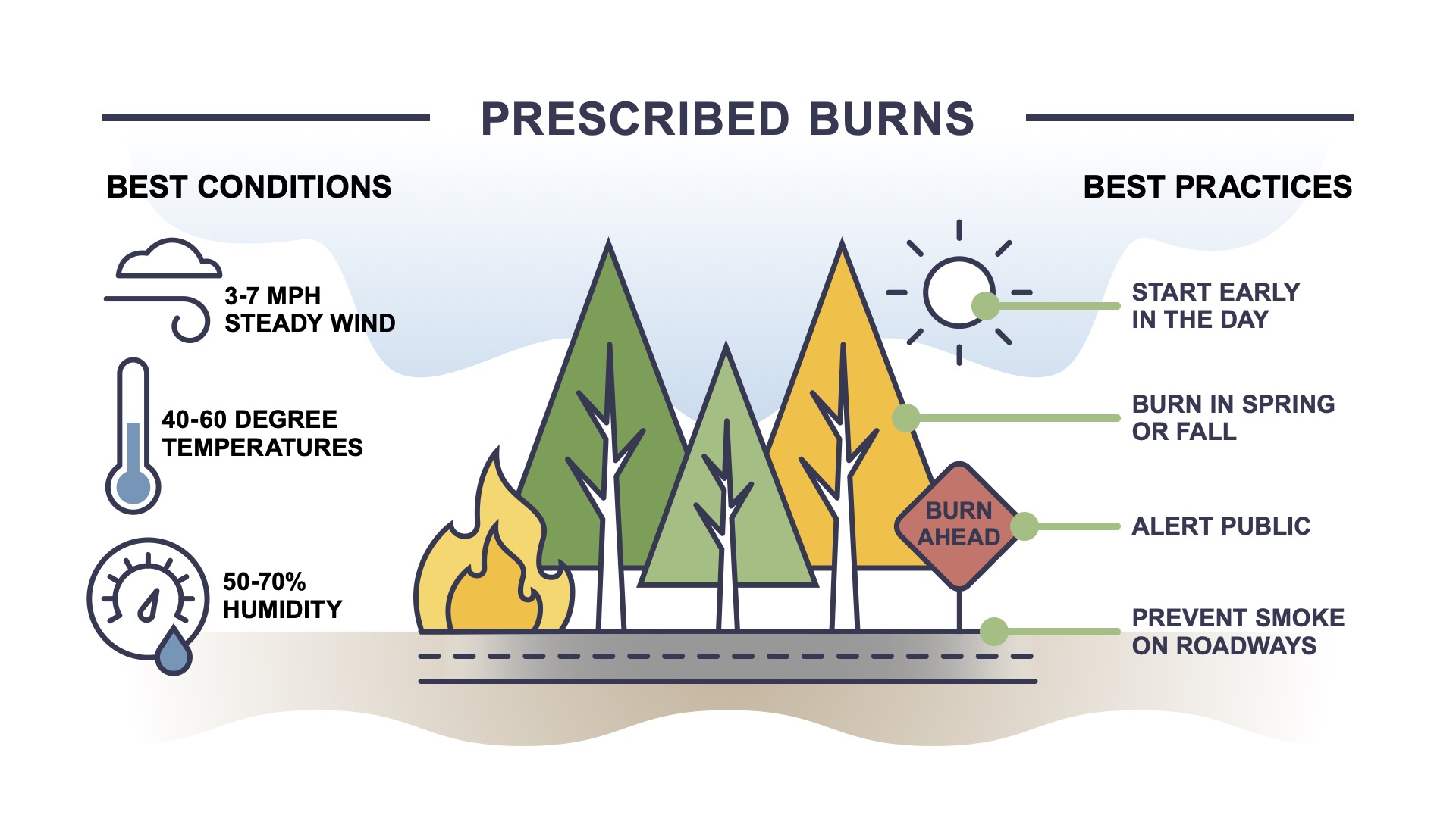 Trained teams plan out prescribed burns based on weather conditions, what the landscape needs and what the goal of the burn is. // Graphic by Kate Fox-Amato